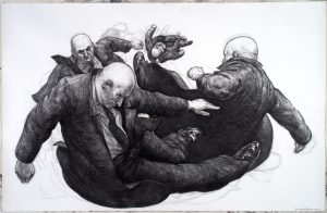 Bald men in suits drawn in charcoal seem to fall in a swirl from the middle of the paper